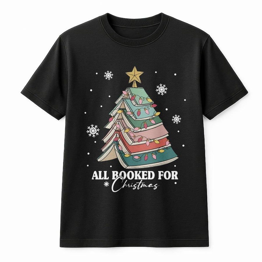 All Booked For Christmas T-Shirt | Library Book Tree Graphic Tee | Premium Soft Cotton Shirt | Bookworm Gift for Librarian and Readers