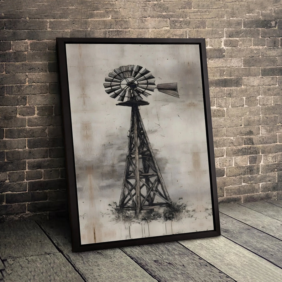 Rustic Windmill Wall Art | Vintage Farmhouse Sketch Print | Premium Gallery Wrapped Canvas | Country Home Decor Gift