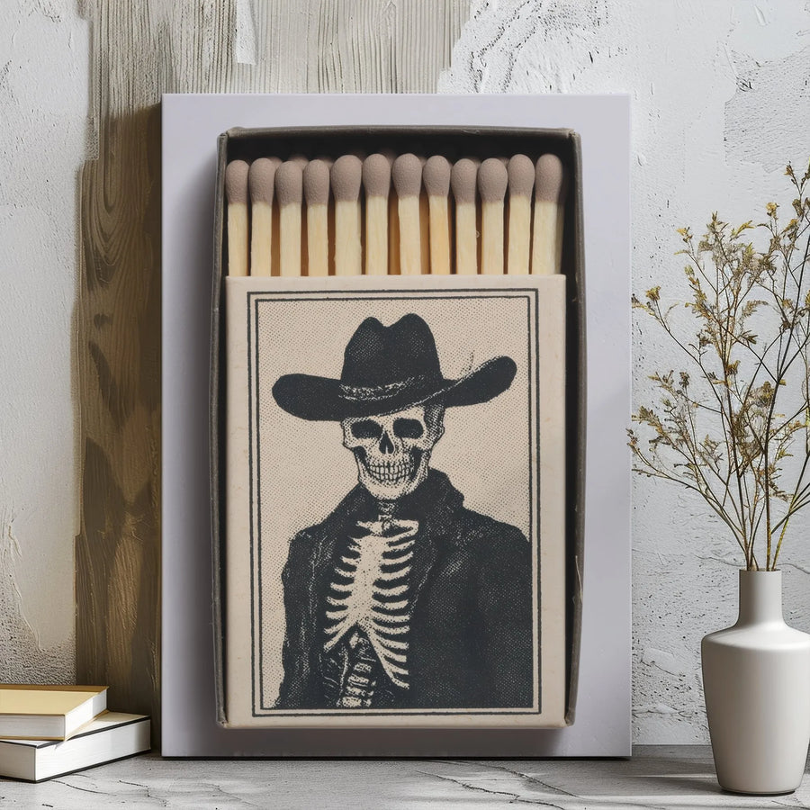 Cowboy Skeleton Canvas Print | Vintage Western Matchbox Art | Gallery Wrap Wall Decor | Edgy Gothic Home Gift