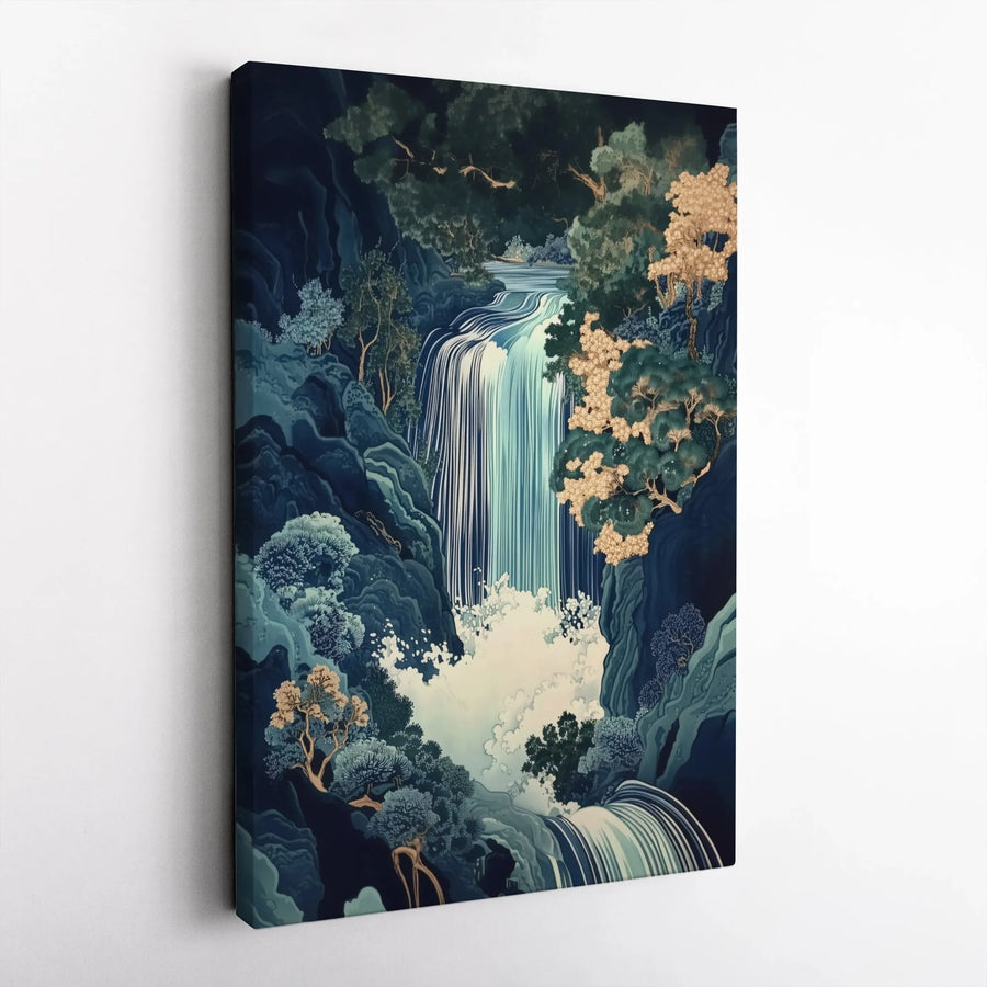 Japanese Waterfall Wall Art | Ukiyo-e Inspired Forest Landscape | Premium 1.25" Gallery Wrapped Canvas | Modern Home Decor Gift