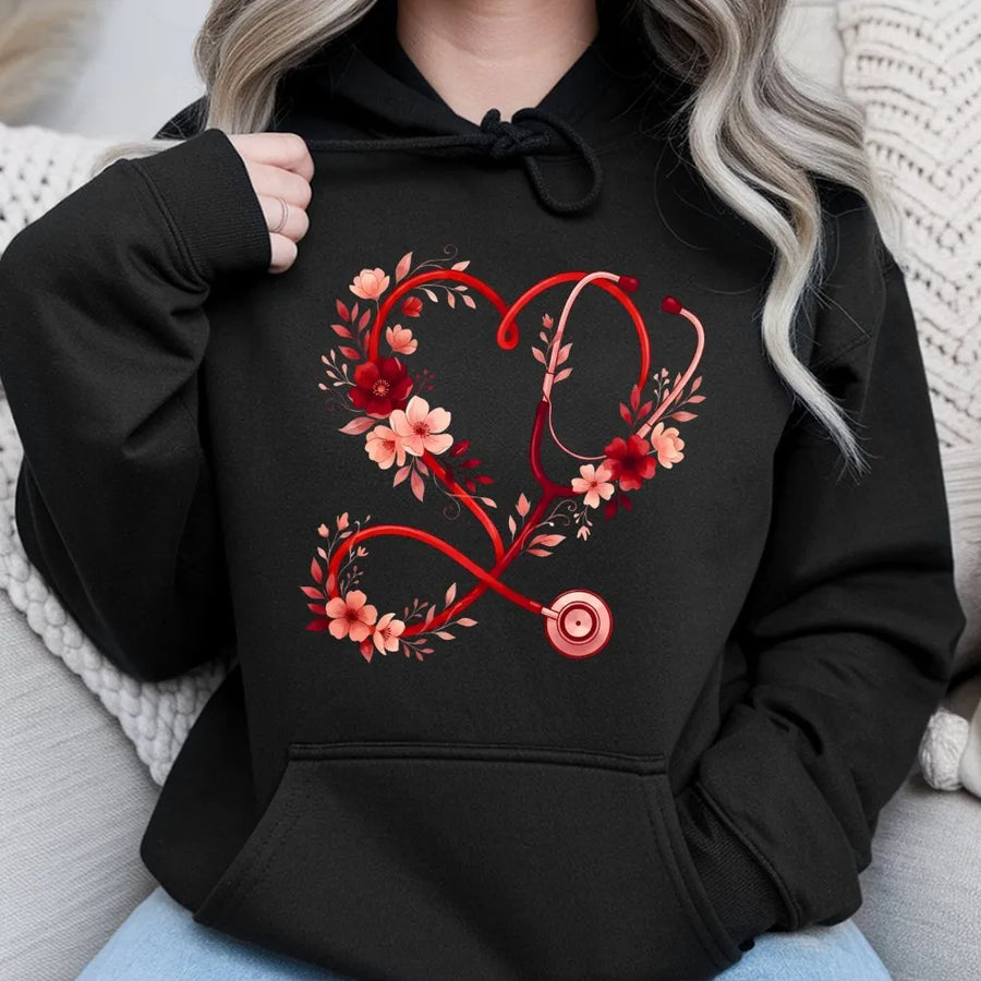 Nurse Stethoscope Hoodie | Floral Heart Medical Design | Premium Cotton Blend | Valentine's Day Gift for Nurses and Nursing Students