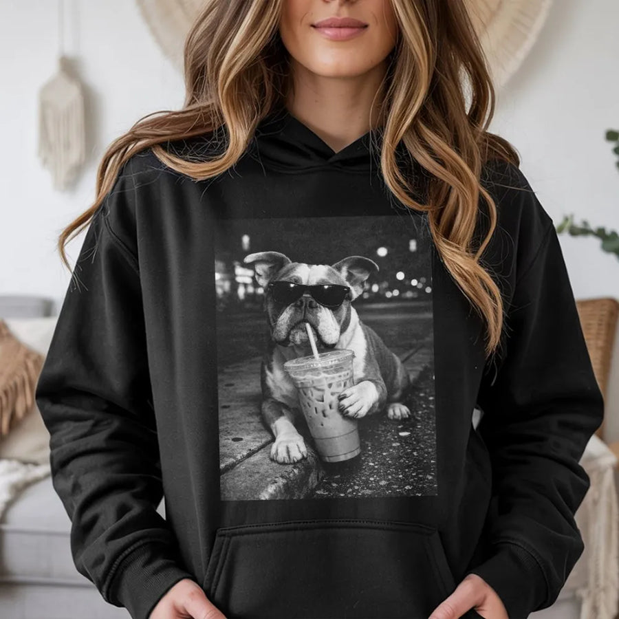 Funny Bulldog Hoodie | Dog Wearing Sunglasses with Iced Coffee | Premium Cotton-Blend Sweatshirt | Gift for English Bulldog Owner