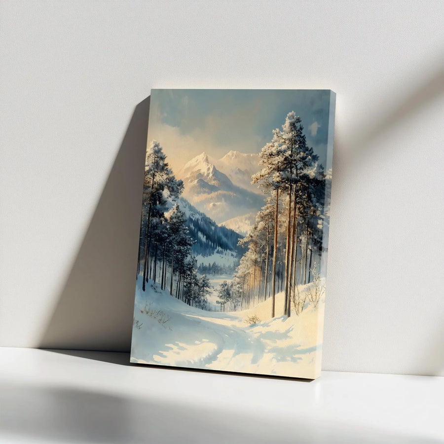 Winter Mountain Landscape Canvas Wall Art | Snowy Pine Forest Painting | Premium Gallery Wrapped Decor | Serene Nature Home Gift