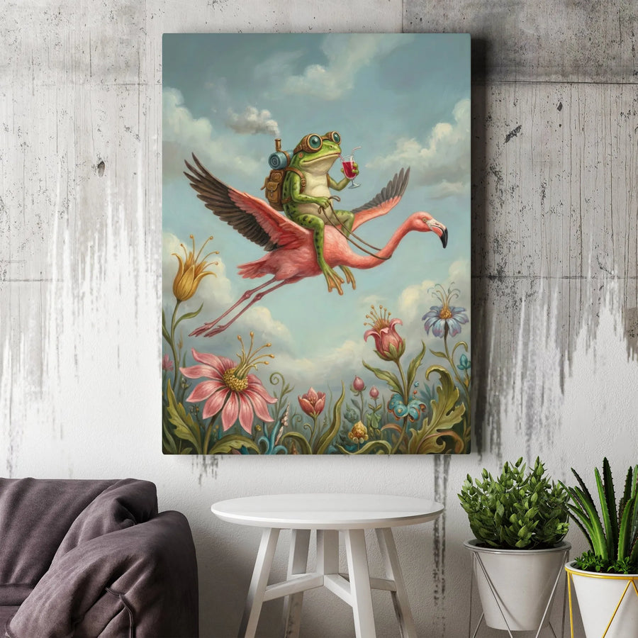 Steampunk Frog Riding Flamingo Canvas Print | Surreal Fantasy Painting | Premium Gallery Wrapped Canvas | Quirky Home Decor Gift