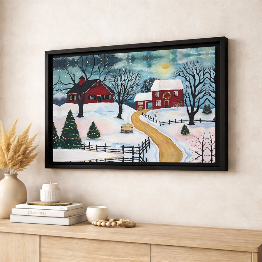 Christmas Farmhouse Wall Art | Snowy Red Barn Winter Landscape | Premium Gallery Wrapped Canvas | Holiday Decor Gift for Farmhouse Lovers