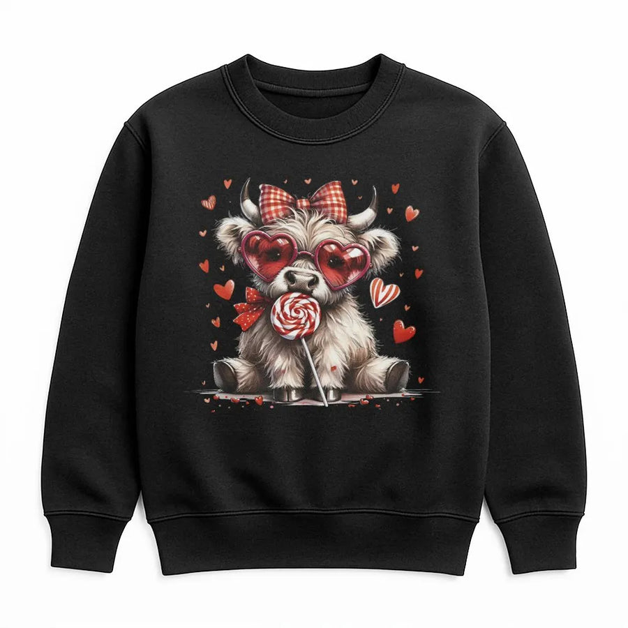 Valentine Highland Cow Sweatshirt | Coquette Heart Glasses Graphic | Premium Cotton Blend | Romantic Gift for Her & Cow Lovers
