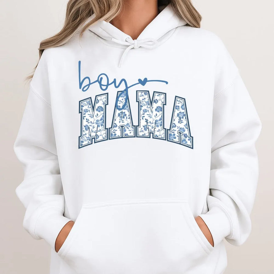 Boy Mama Hoodie | Blue Floral Varsity Lettering | Premium Cotton Blend | Thoughtful Gift for Mom and New Mothers