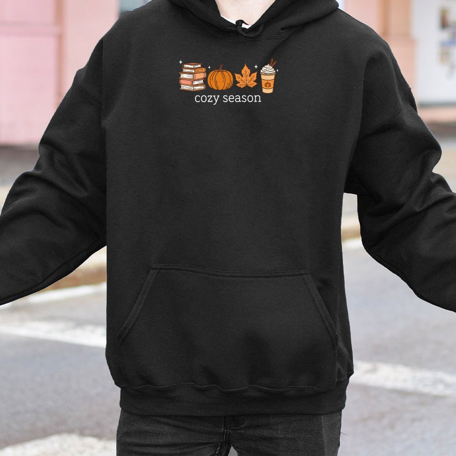 Cozy Season Hoodie | Fall Books and Pumpkin Spice Design | Premium Cotton Blend | Autumn Aesthetic Gift for Book Lovers and Teachers
