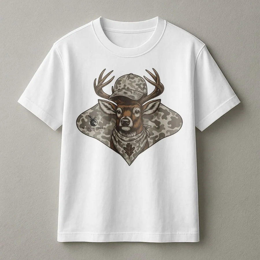 Hunting Deer T-Shirt | Camo Cap Antler Graphic | Premium Cotton Unisex Tee | Outdoorsman Gift for Hunters and Wildlife Enthusiasts