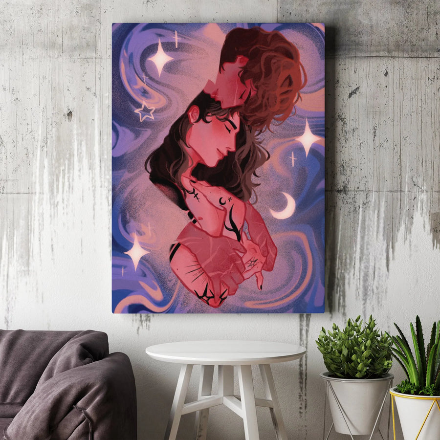 Celestial Couple Vertical Canvas | Romantic Starry Night Illustration | Premium Gallery Wrap Art | Cosmic Love Bedroom Decor Gift