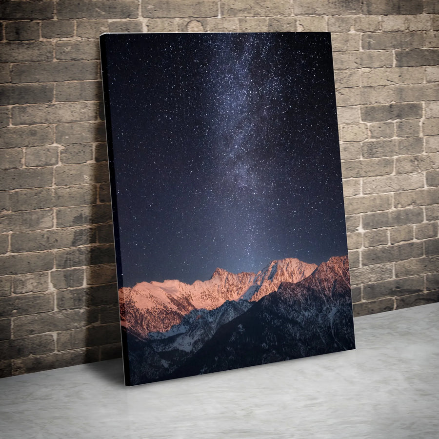 Milky Way Mountain Canvas | Night Sky Over Snowy Peaks Photography | Premium Gallery Wrap Wall Art | Living Room Decor Gift for Stargazer