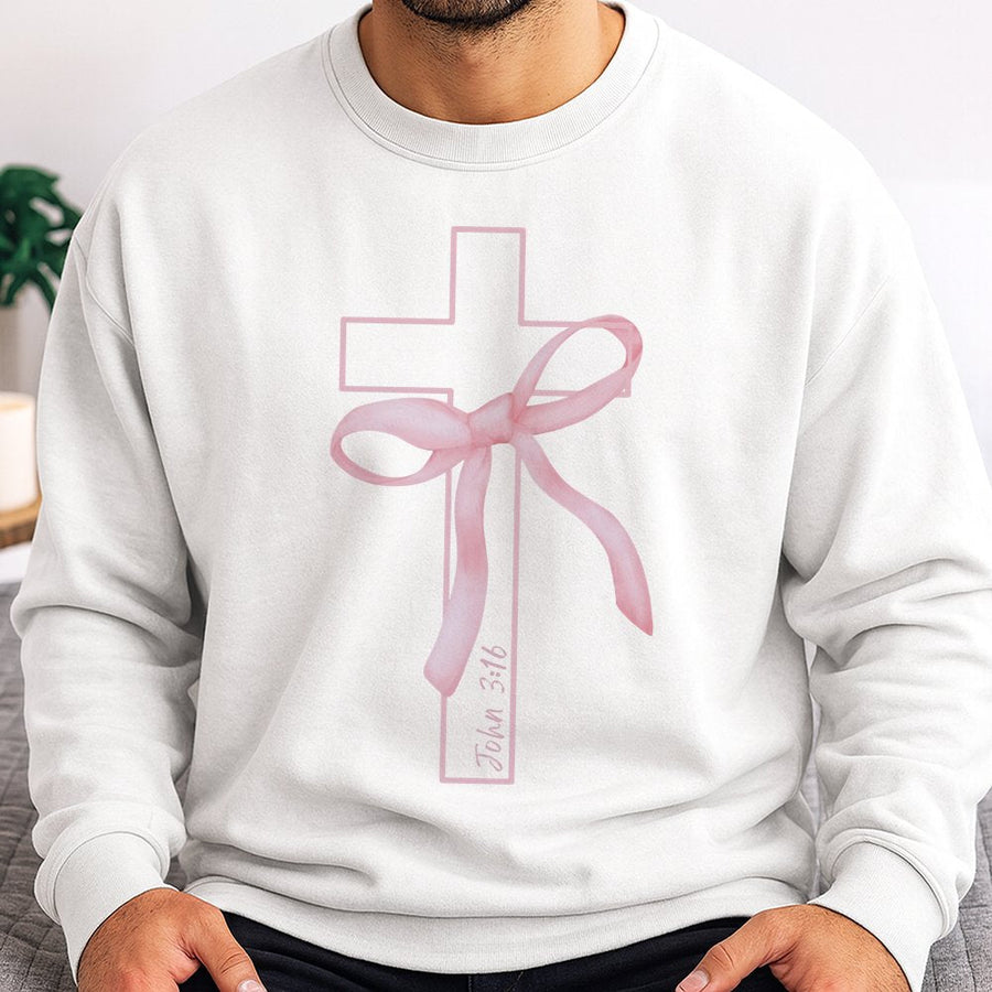 Coquette Christian Sweatshirt | Pink Bow Cross Bible Verse Graphic | Soft Cotton Blend Crewneck | Trendy Faith-Based Gift For Her
