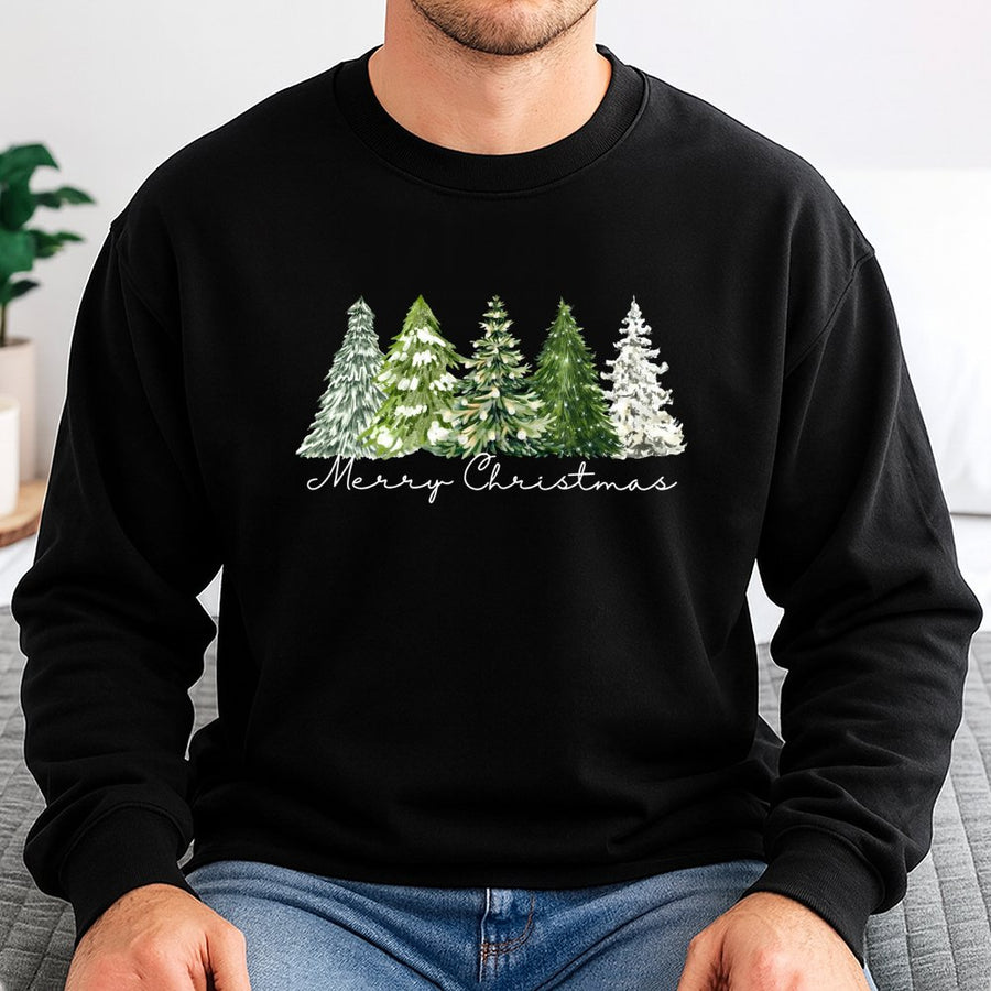 Merry Christmas Sweatshirt | Watercolor Pine Tree Graphic | Premium Cotton Blend Crewneck | Festive Holiday Gift for Women & Men