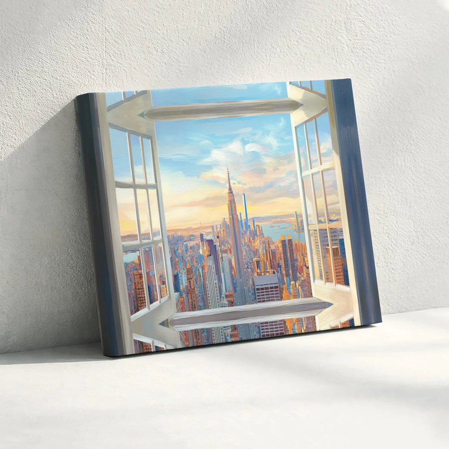 New York City Skyline Canvas Print | Faux Window View Painting | Premium Gallery Wrap | Living Room & Office Wall Decor Gift