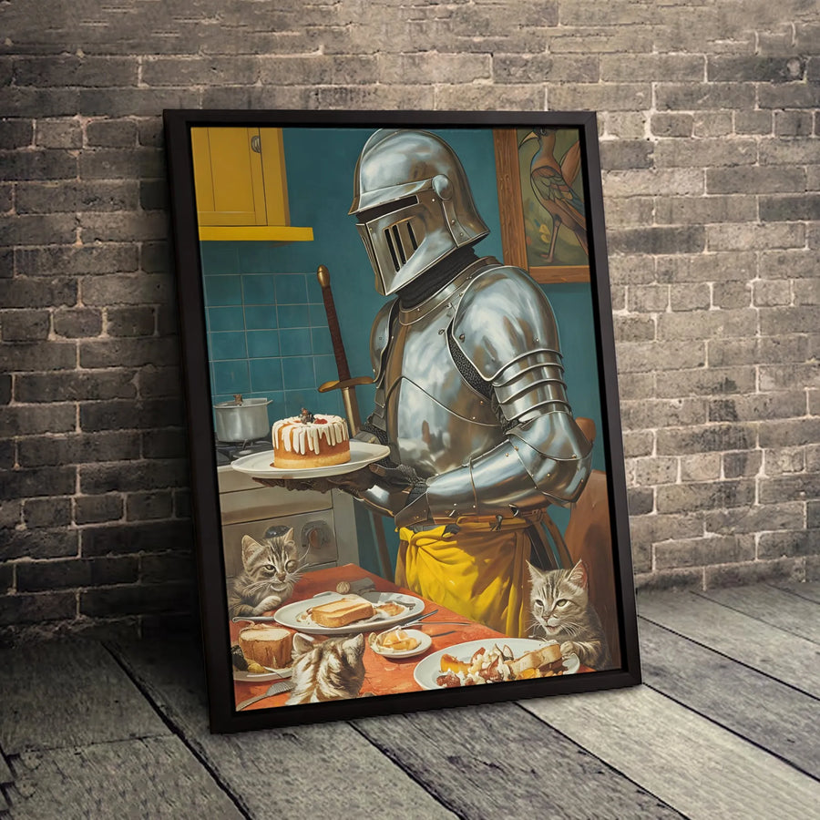 Knight Serving Cake to Cats Canvas Print | Whimsical Medieval Kitchen Decor | Premium Fade-Resistant Wall Art | Unique Birthday Gift for Cat Lovers