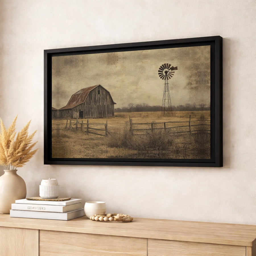 Rustic Farmhouse Canvas Print | Vintage Barn and Windmill Wall Art | Gallery Wrapped Premium Decor | Countryside Home Office Gift