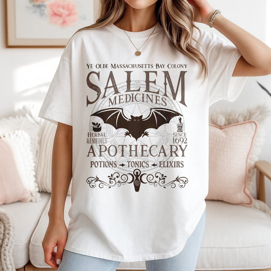 Salem Apothecary T-Shirt | Vintage Witchcraft Herbal Remedies Graphic | 100% Cotton Premium Tee | Spooky Halloween Gift for Witches