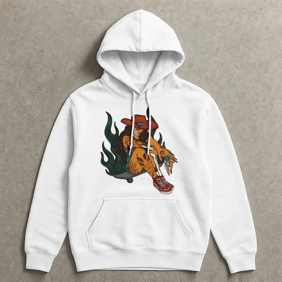 Western Goth Hoodie | Tattooed Cowgirl on Skateboard Graphic | Premium Cotton-Blend Sweatshirt | Keep on Rollin' Alt Streetwear Gift
