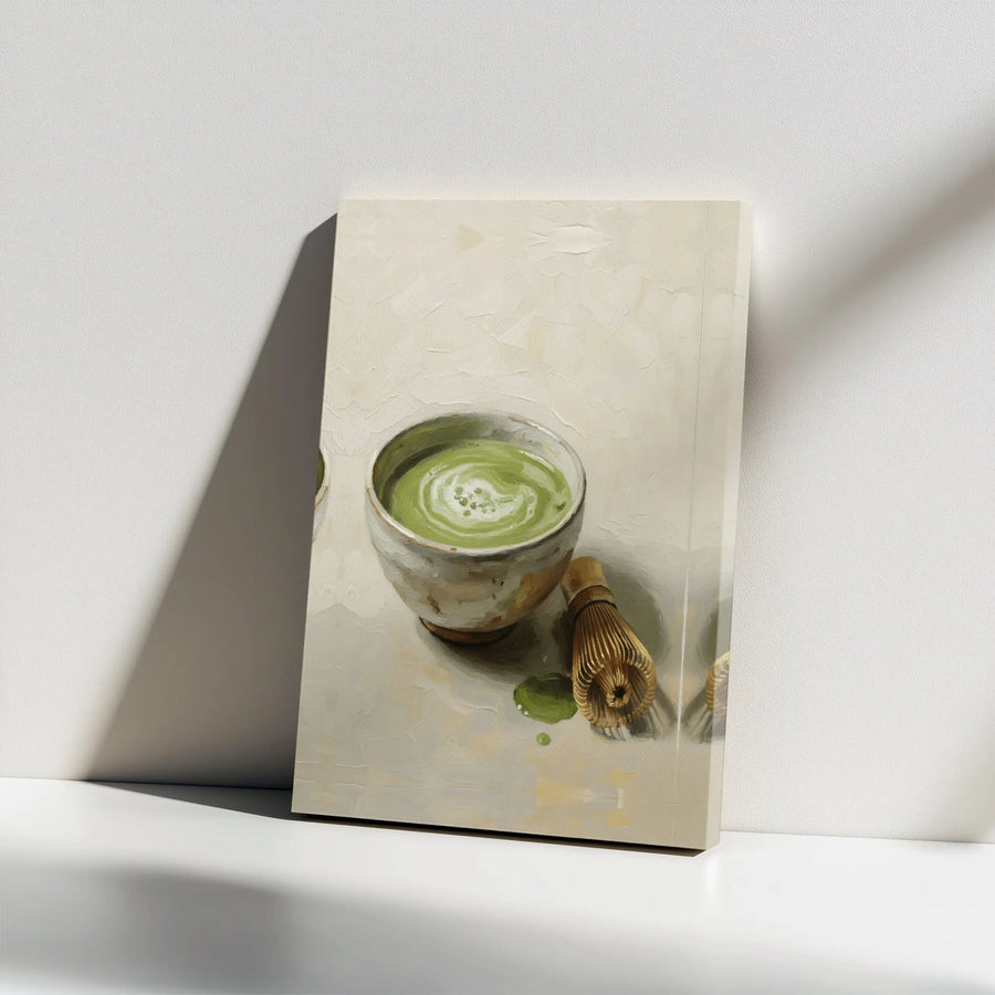 Matcha Tea Canvas Wall Art | Zen Still Life with Bowl and Whisk | Premium Gallery Quality Print | Kitchen Decor Gift for Tea Lovers