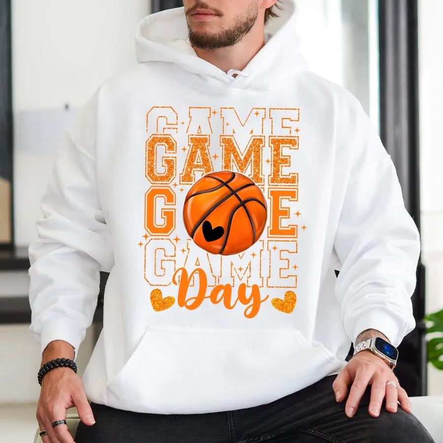 Game Day Basketball Hoodie | Glitter Heart Sports Graphic Design | Premium Cotton Blend | Gift for Basketball Mom & Fan
