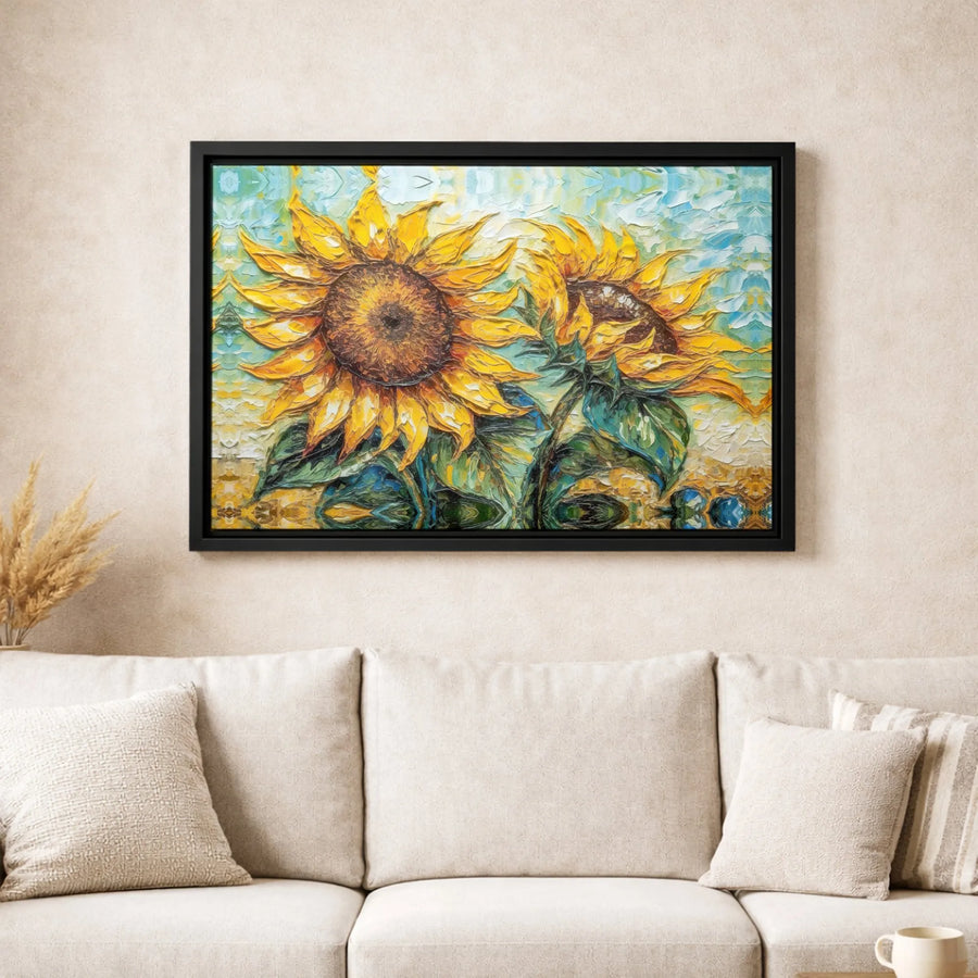 Sunflower Canvas Wall Art | Impasto Textured Oil Painting Style | Premium Gallery Wrap Print | Floral Home Decor Gift for Living Room