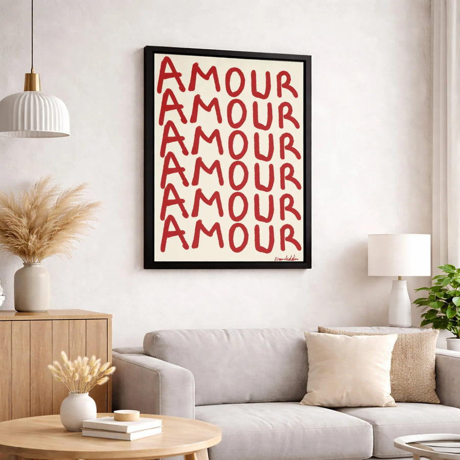 Amour Wall Art Print | Romantic Handwritten Red Typography | Gallery Quality Canvas | French Inspired Home Decor Gift