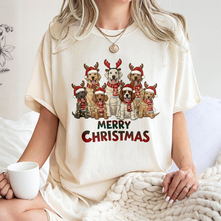 Merry Christmas Dogs T-Shirt | Cute Reindeer Puppy Holiday Graphic Tee | 100% Cotton Premium Quality | Fun Gift for Dog Moms and Animal Lovers