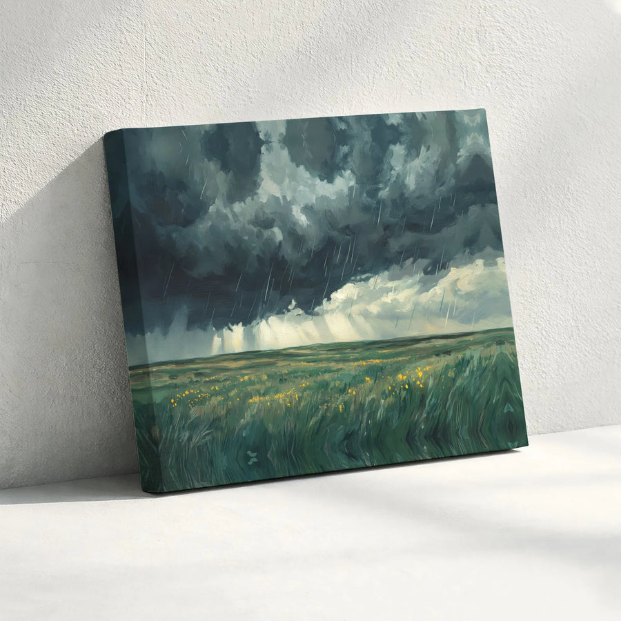 Stormy Landscape Canvas Wall Art | Dramatic Rain Clouds and Sun Rays | Premium Gallery Wrapped Decor | Modern Nature Print for Living Room