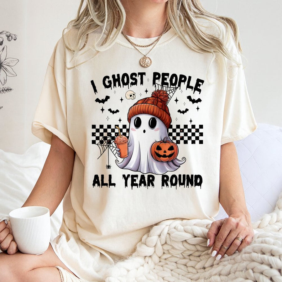 I Ghost People All Year Round T-Shirt | Cute Spooky Pumpkin Beanie Graphic | 100% Cotton Premium Tee | Funny Halloween Gift for Ghost Lovers