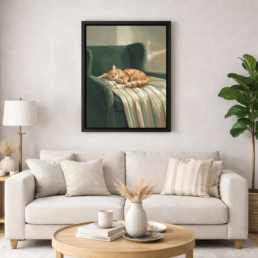 Sleeping Orange Tabby Cat Canvas | Cozy Green Armchair Painting | Premium Fade-Resistant Wall Art | Cute Animal Home Decor Gift
