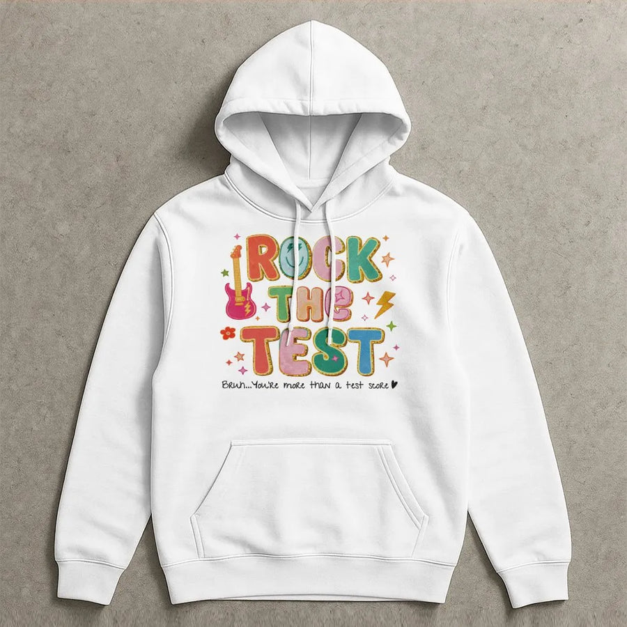 Rock The Test Hoodie | Colorful Retro Graphic Sweatshirt | Premium Cotton-Blend | Motivational Teacher Gift for State Testing Week