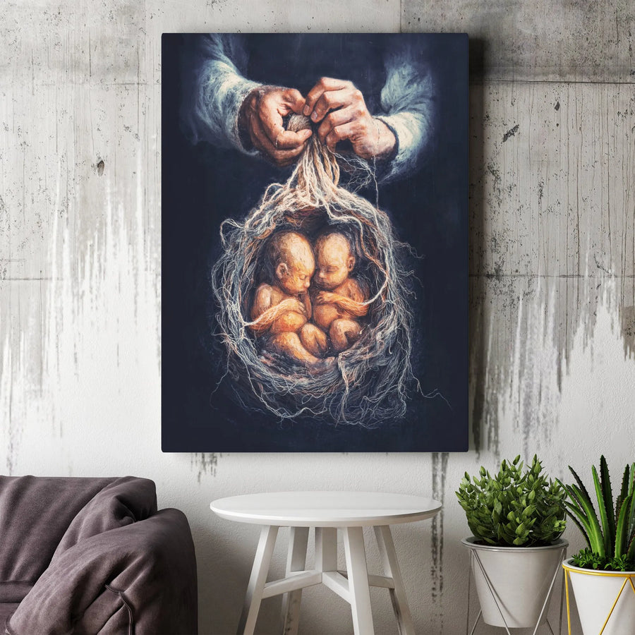 Psalm 139 Canvas Wall Art | God Forming Twins in Womb Christian Decor | Premium Gallery Wrap Print | Meaningful Religious Gift for Nursery