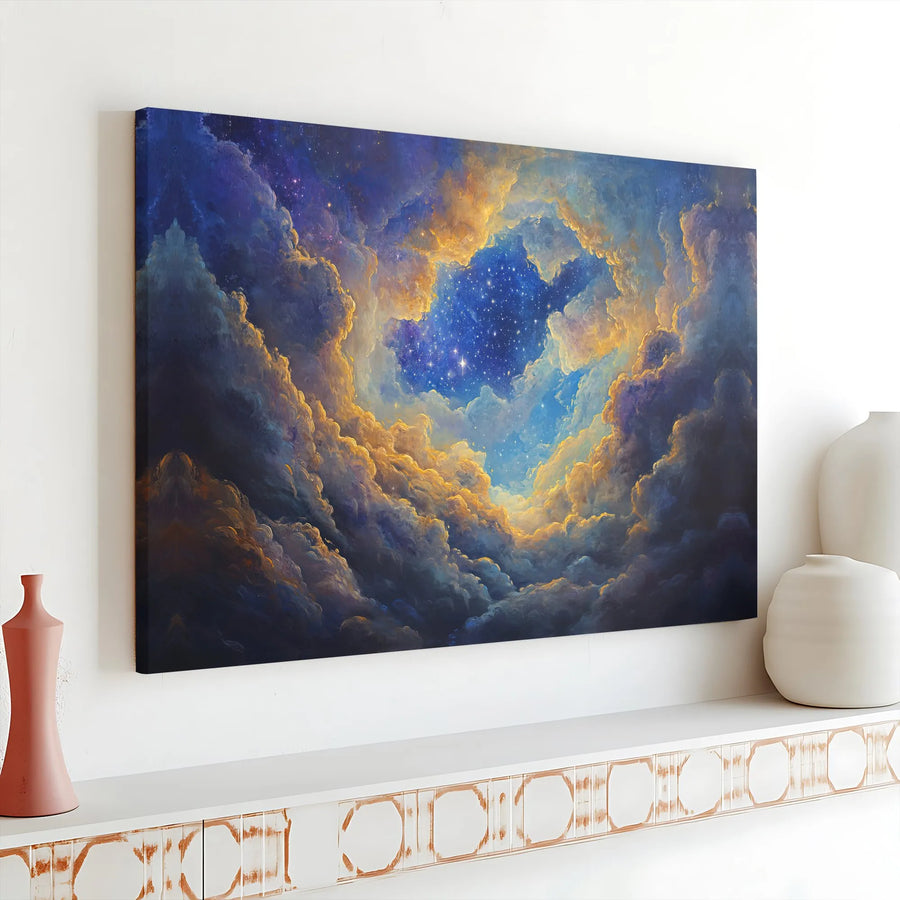 Celestial Starry Night Sky Canvas | Golden Nebula Clouds Wall Art | 1.25-Inch Gallery Wrap Premium Print | Dreamy Modern Decor for Home or Office