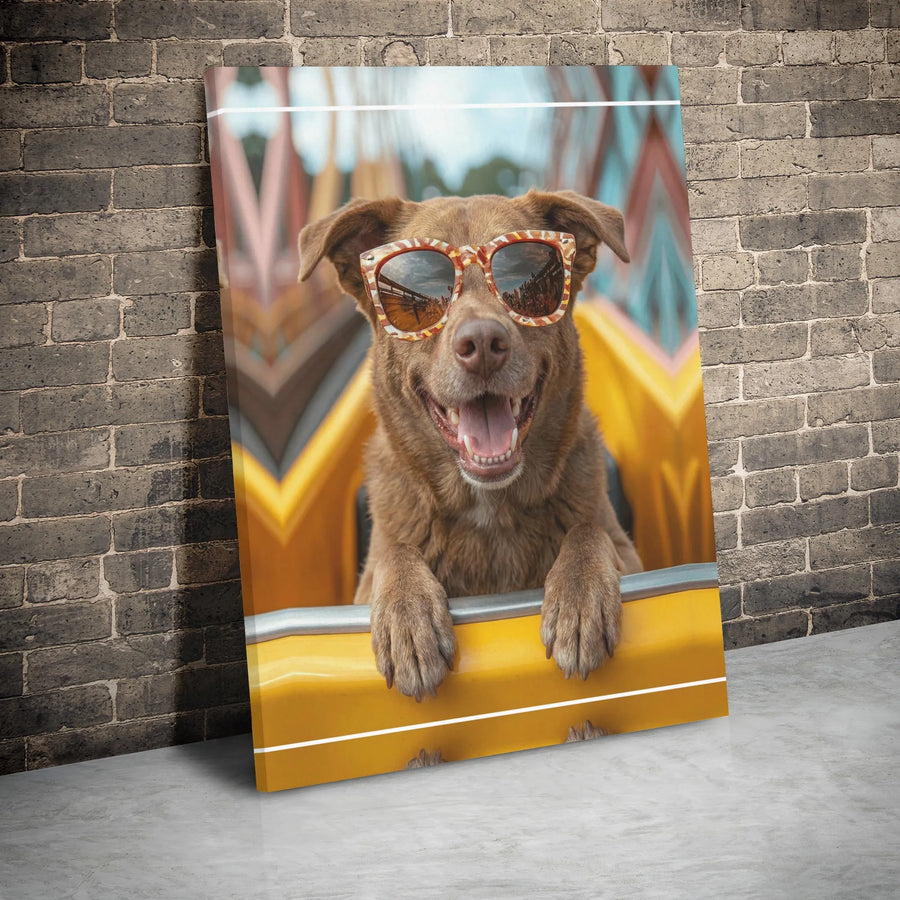 Funny Dog Roller Coaster Canvas | Happy Dog Wearing Sunglasses | Premium Gallery Wrapped Wall Art | Whimsical Pet Lover Gift