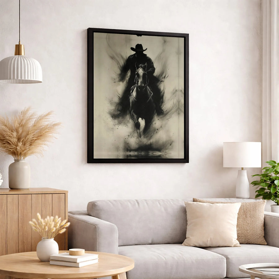 Western Cowboy Horse Canvas Wall Art | Charcoal Sketch Silhouette | Premium Fade-Resistant Print | Rustic Farmhouse Home Decor Gift
