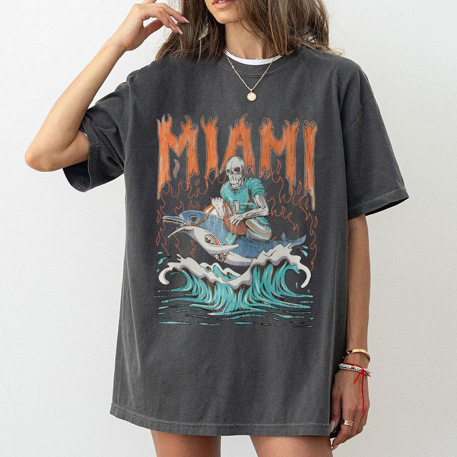 Miami Flaming Text Skeleton Football Player Riding A Dolphin T-Shirt
