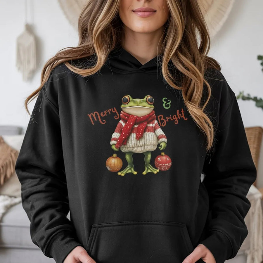 Christmas Frog Hoodie | Merry and Bright Holiday Sweater Design | Premium Cotton Blend | Cute Animal Graphic Gift for Men and Women