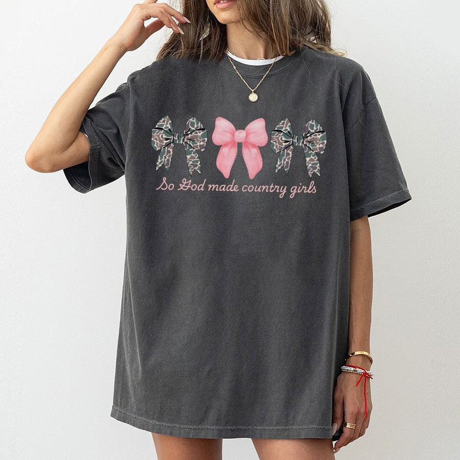 Country Girl T-Shirt | Pink Camo Bows Coquette Graphic | 100% Cotton Premium Apparel | Southern Style Gift for Women and Teens