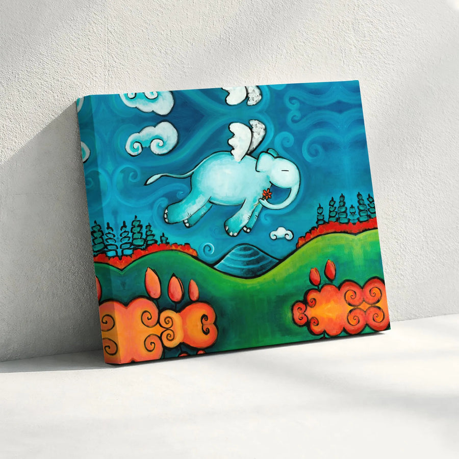 Flying Elephant Wall Art | Whimsical Blue Fantasy Creature Print | 1.25 Inch Premium Gallery Canvas | Nursery Decor & Childrens Room Gift