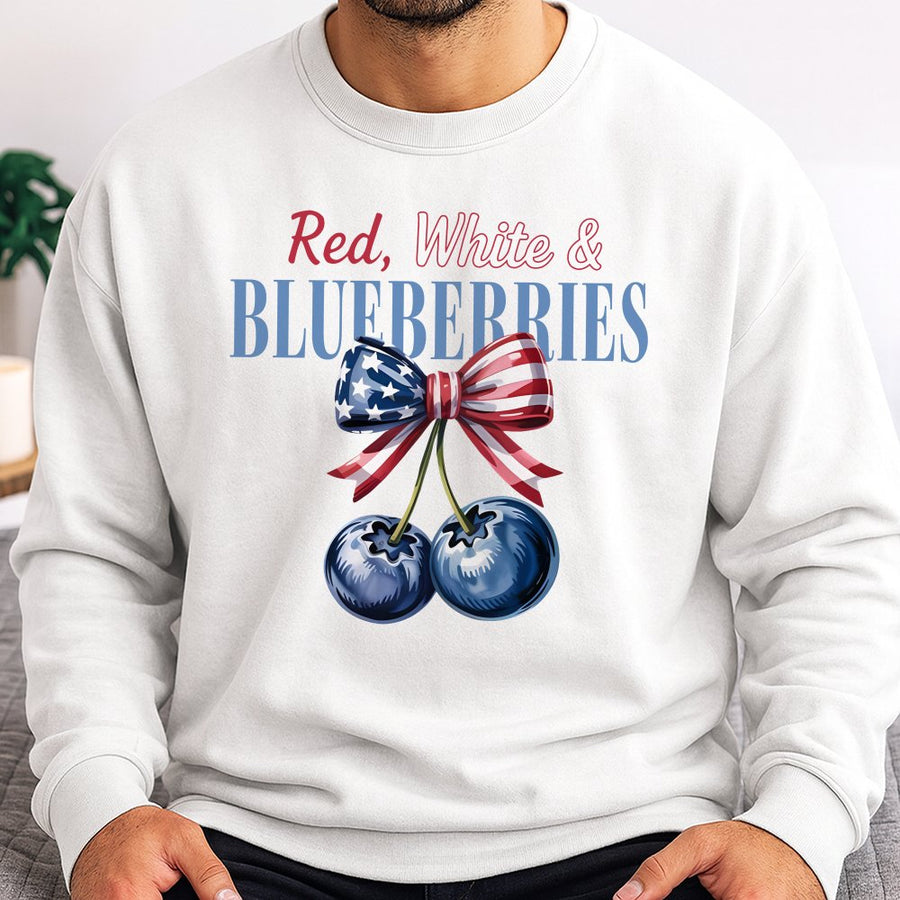 Red White And Blueberries Sweatshirt | Patriotic American Flag Bow Design | Soft Cotton Blend Unisex Pullover | July 4th Independence Day Gift
