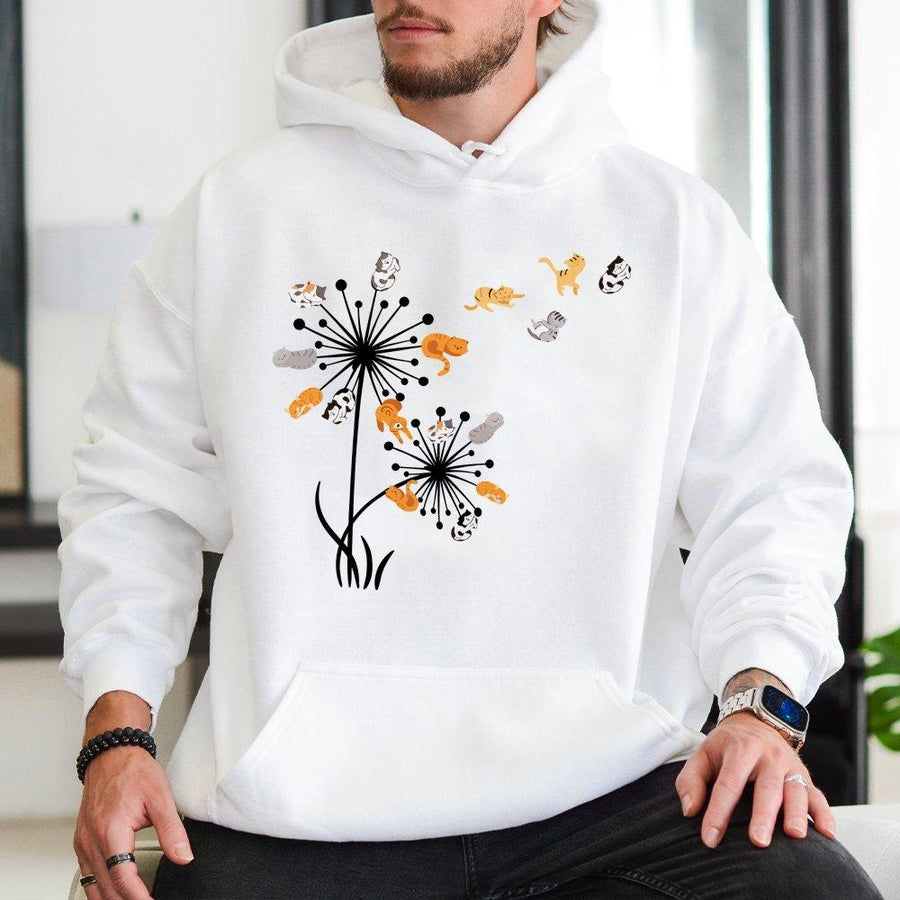 Dandelion Cat Hoodie | Whimsical Floral Kitten Graphic | Premium Cotton Blend | Unique Gift for Cat Mom and Animal Lover