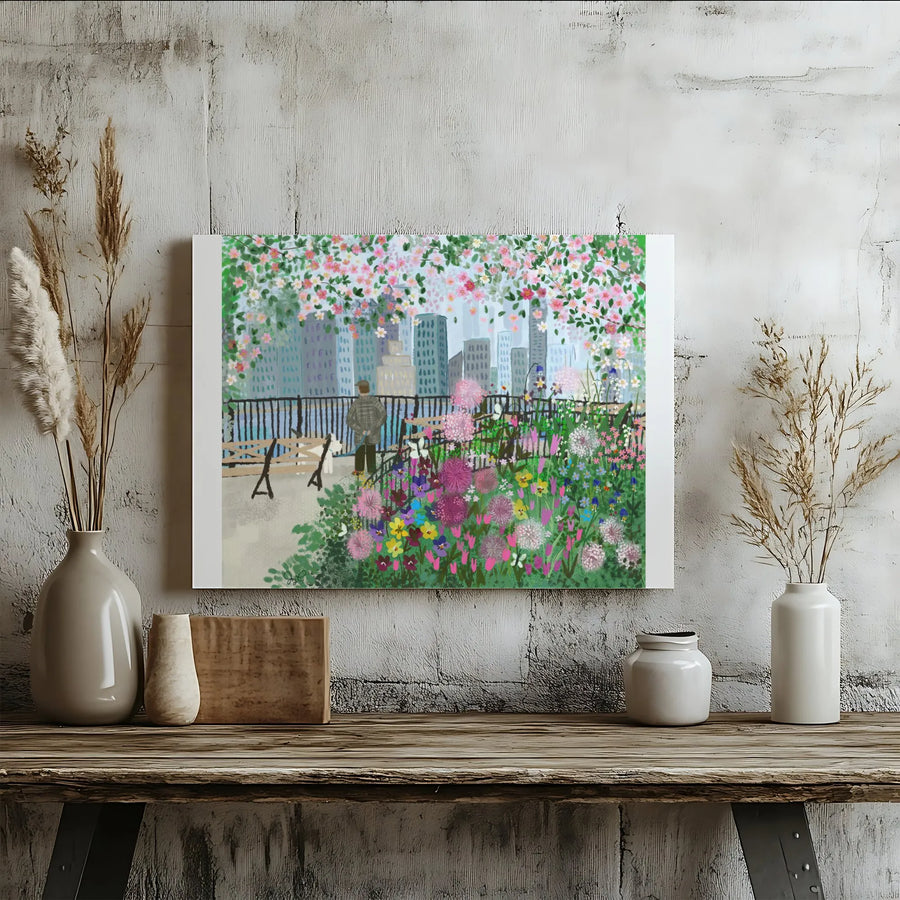 Brooklyn Heights Canvas Print | Vibrant Floral Cityscape Painting | Premium Gallery Wrapped Wall Art | NYC Lover Gift & Living Room Decor