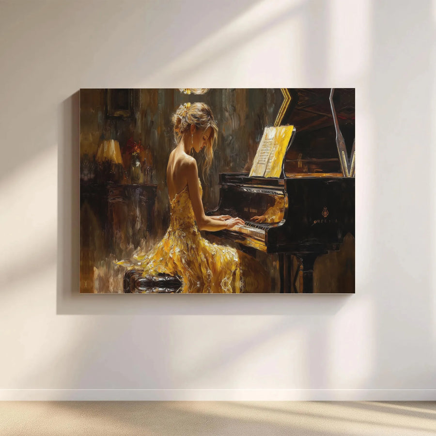 Woman Playing Grand Piano Canvas Wall Art | Elegant Yellow Gown Impressionist Print | Premium Gallery-Wrapped 1.25" Profile | Music Lover Home Decor Gift