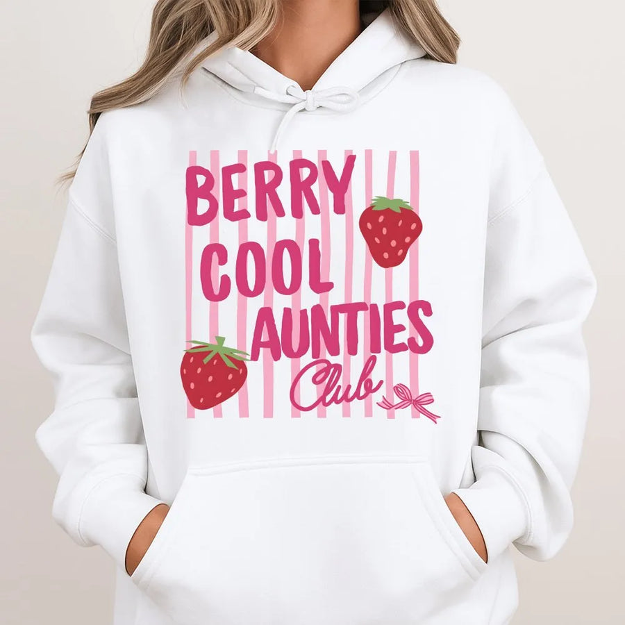 Cool Aunt Hoodie | Berry Cool Aunties Club Strawberry Pun | Premium Comfort Colors Tee | Gift for New Auntie, Godmother, Sister, Pregnancy Announcement