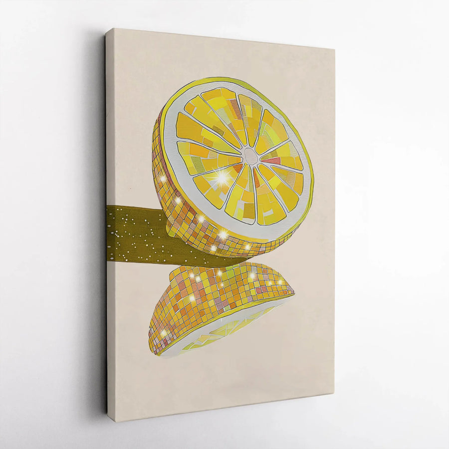 Disco Lemon Wall Art | Retro Mirror Ball Fruit Print | Premium Gallery Wrap Canvas | Aesthetic Kitchen & Bar Decor