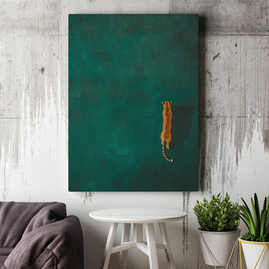 Walking Cheetah Canvas Wall Art | Minimalist Deep Green Safari Print | Premium Gallery Wrapped Decor | Modern Wildlife Home Office Gift