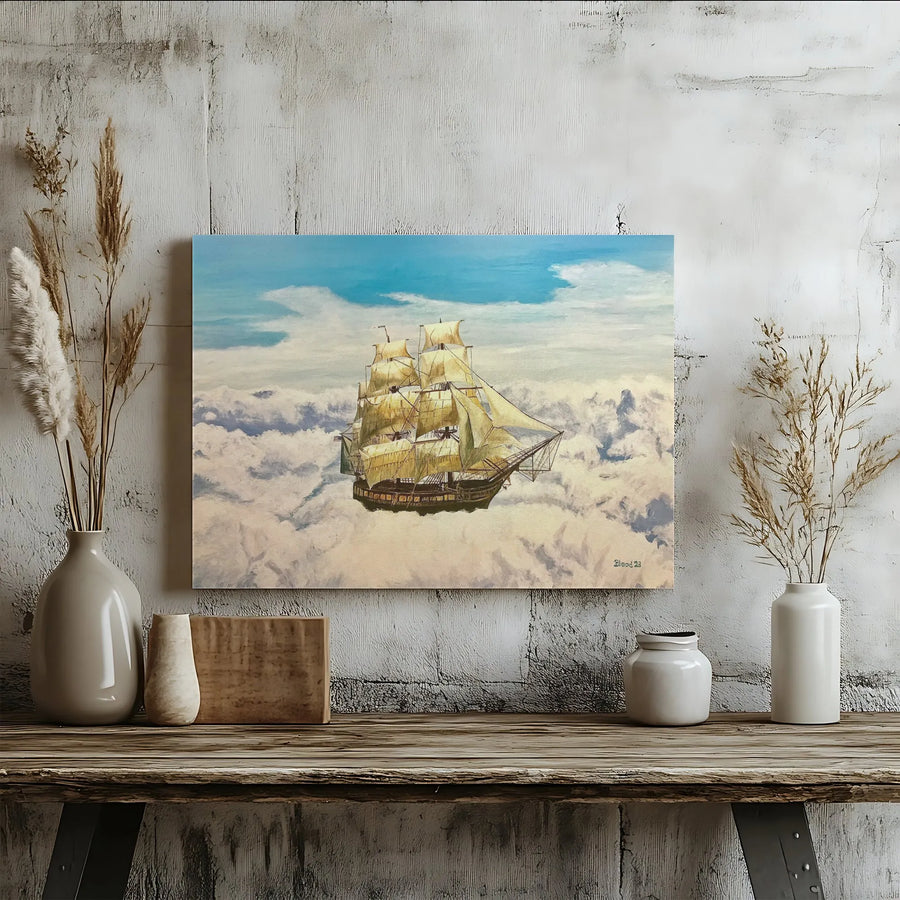 Flying Ship Canvas Wall Art | Surreal Cloudscape Oil Painting Print | Premium Gallery Wrap Canvas | Nautical Fantasy Home Decor Gift
