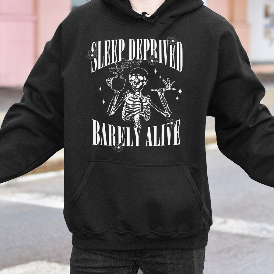Sleep Deprived Barely Alive Skeleton Hoodie | Coffee Lover Graphic Aesthetic | Cotton-Poly Blend Premium Comfort | Funny Gift for Students and Parents