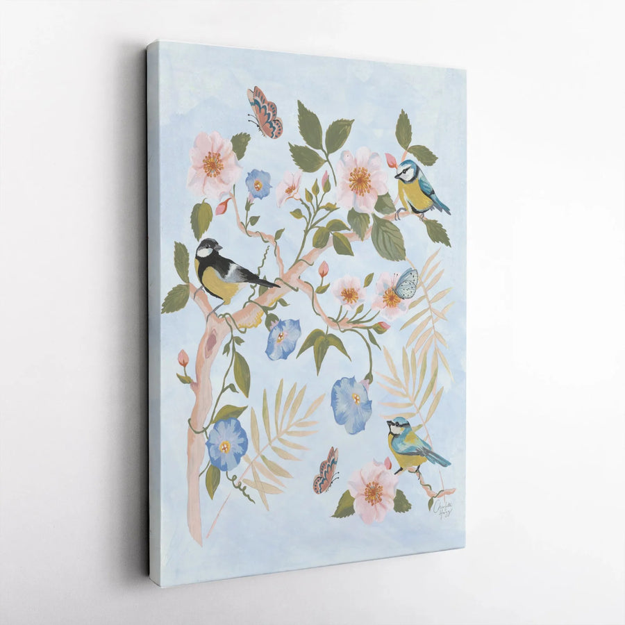 Chinoiserie Bird Canvas Print | Vintage Botanical Flower and Butterfly Art | Premium Gallery Wrapped Canvas | Cottagecore Living Room Wall Decor Gift