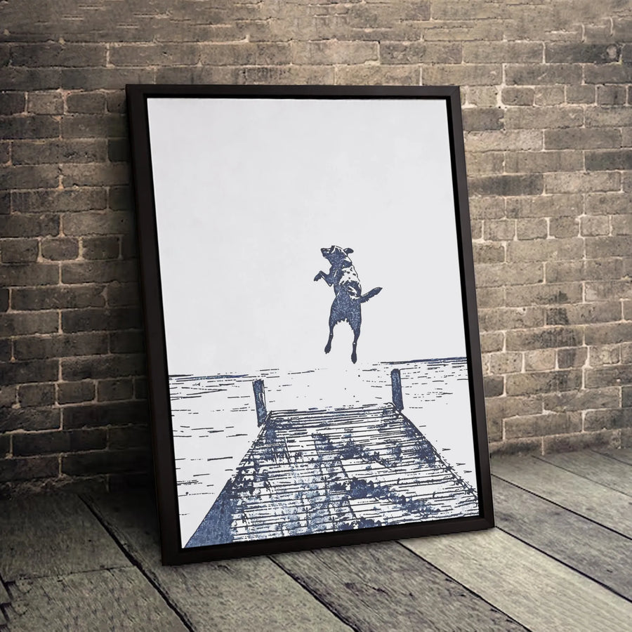 Jumping Dog Wall Art | Coastal Dock Linocut Print | Premium Gallery Wrapped Canvas | Minimalist Home Decor Gift for Dog Lovers